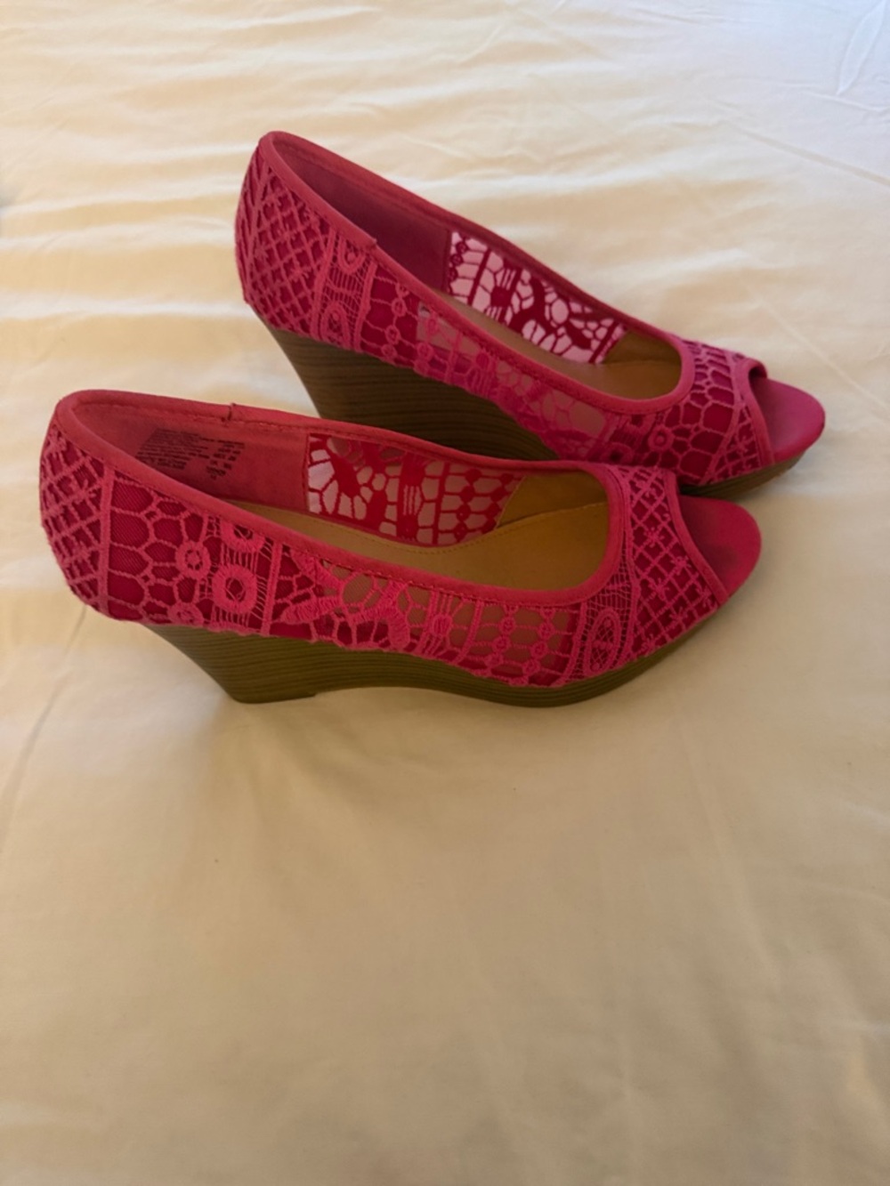 American Eagle Outfitters Hot Pink Lace Peep-Toe Wedge Heels